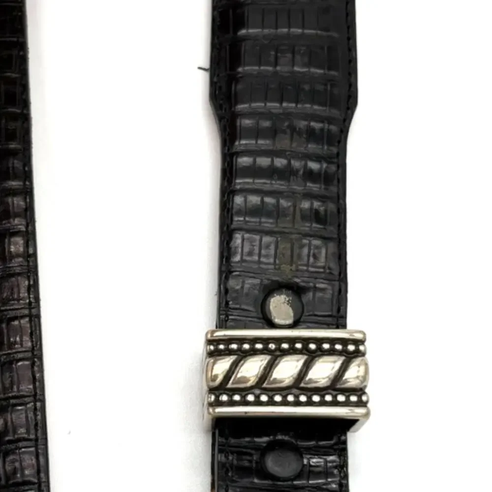 Vintage 90s Onyx Croc Embossed Western Leather Belt Black Silver Tone Size 32